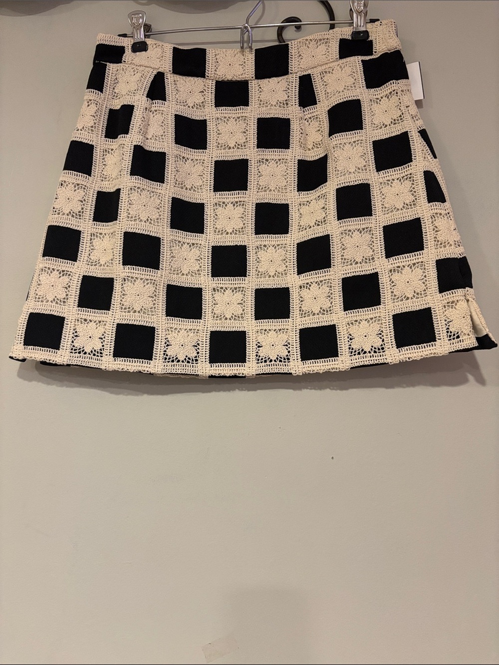 Cream and Black Crochet Checkered Mini Skirt